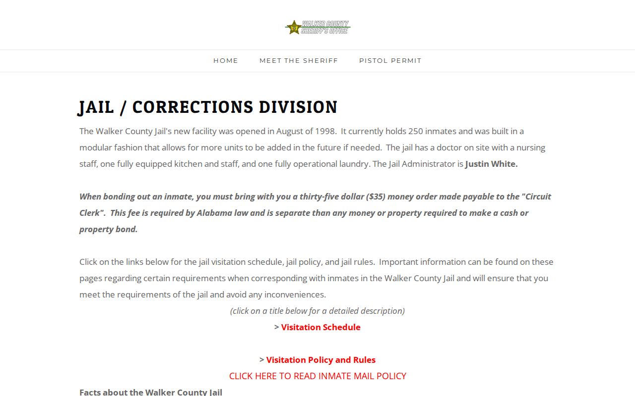 Walker County Jail information page without a booking roster