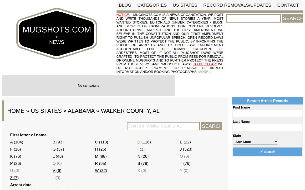 Historical Walker County mugshot news archive interface