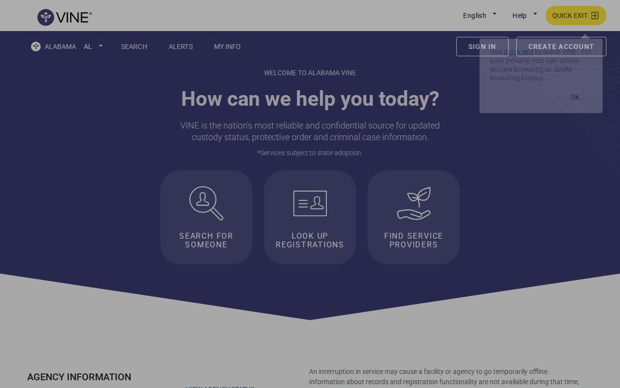 VINELink Alabama Walker County custody notification interface