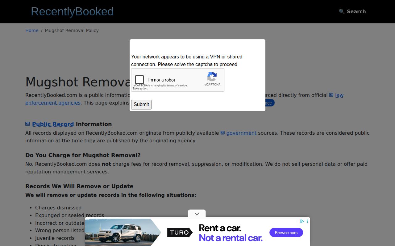 RecentlyBooked no-fee correction policy for Walker County mugshot records